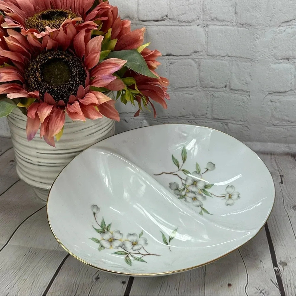 vintage Canadian Dogwood by SANGO fine china divided serving bowl